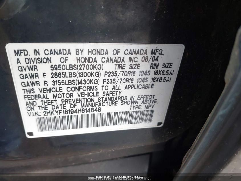 2004 Honda Pilot Lx VIN: 2HKYF18194H614848 Lot: 42022016