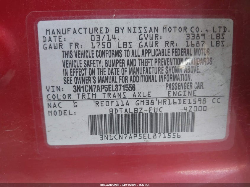 2014 NISSAN VERSA VIN: 3N1CN7AP5EL871556