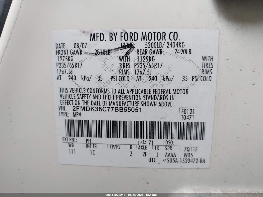 2007 FORD EDGE VIN: 2FMDK36C77BB55051