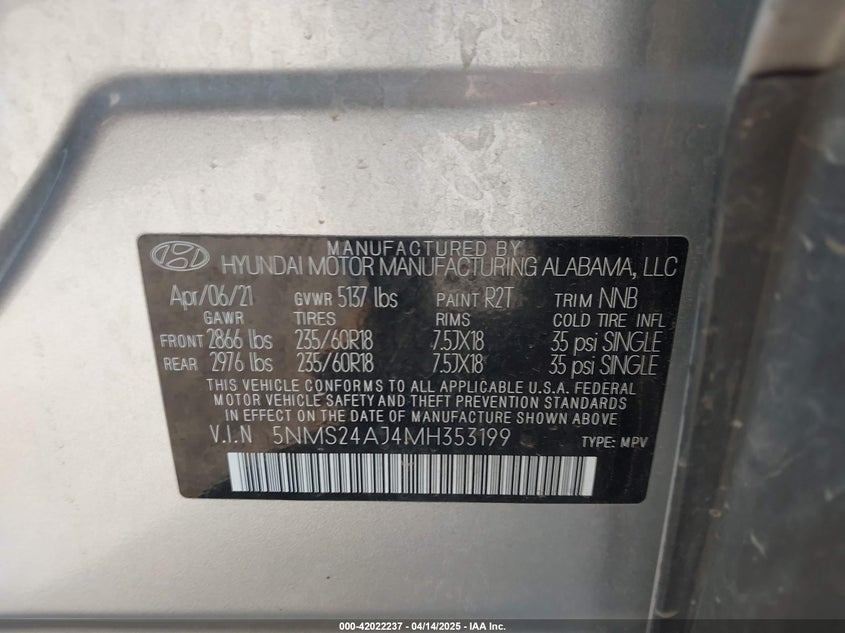 2021 HYUNDAI SANTA FE VIN: 5NMS24AJ4MH353199