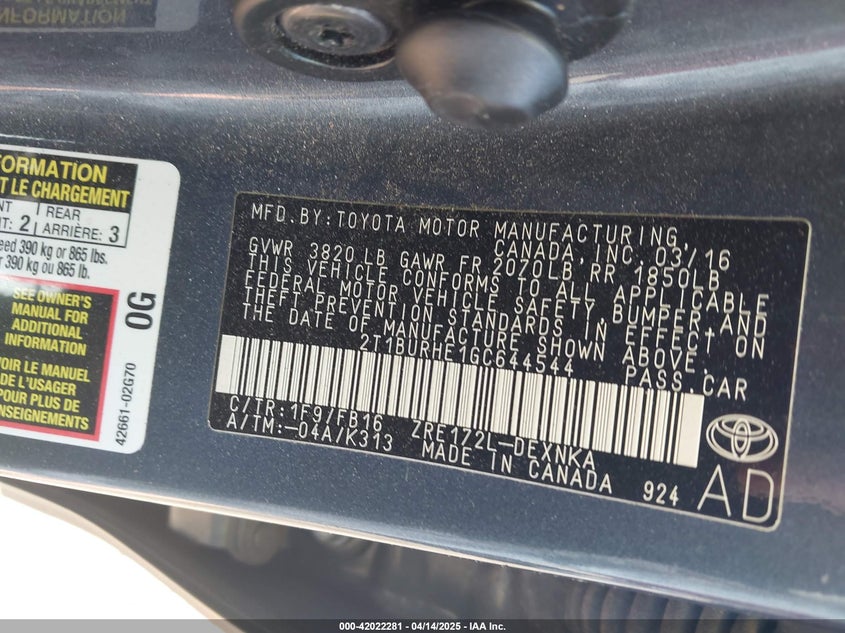 2016 TOYOTA COROLLA VIN: 2T1BURHE1GC644544