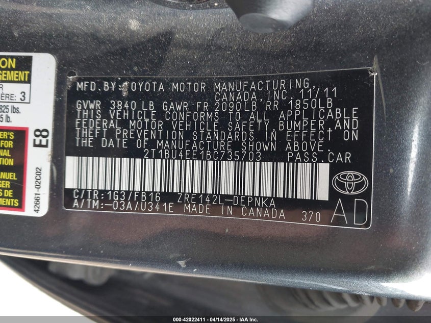 2011 TOYOTA COROLLA VIN: 2T1BU4EE1BC735703