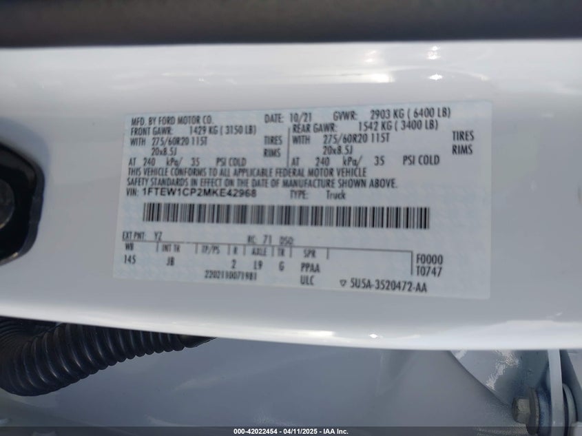 2021 FORD F-150 VIN: 1FTEW1CP2MKE42968