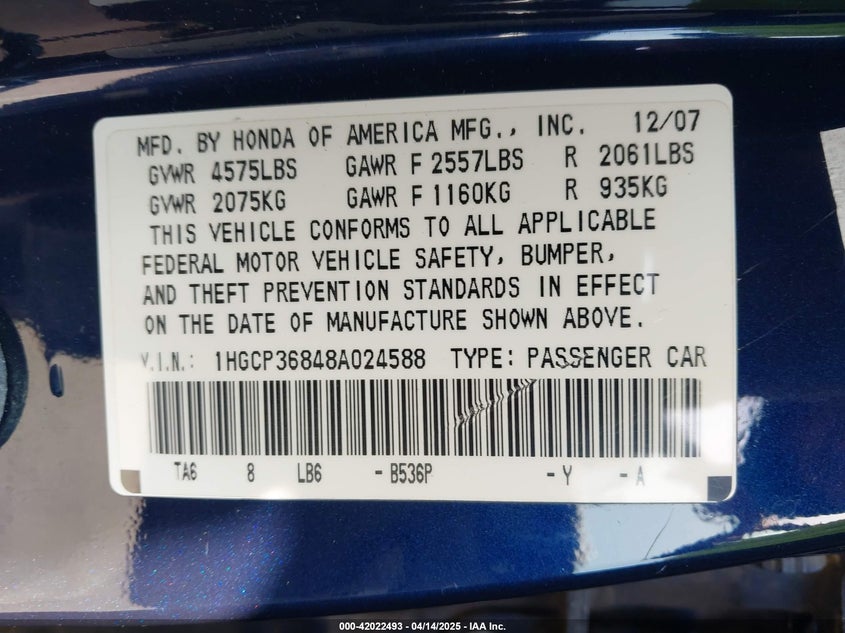 2008 HONDA ACCORD VIN: 1HGCP36848A024588