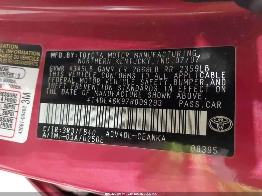 2007 Toyota Camry Le VIN: 4T4BE46K97R009293 Lot: 42022571