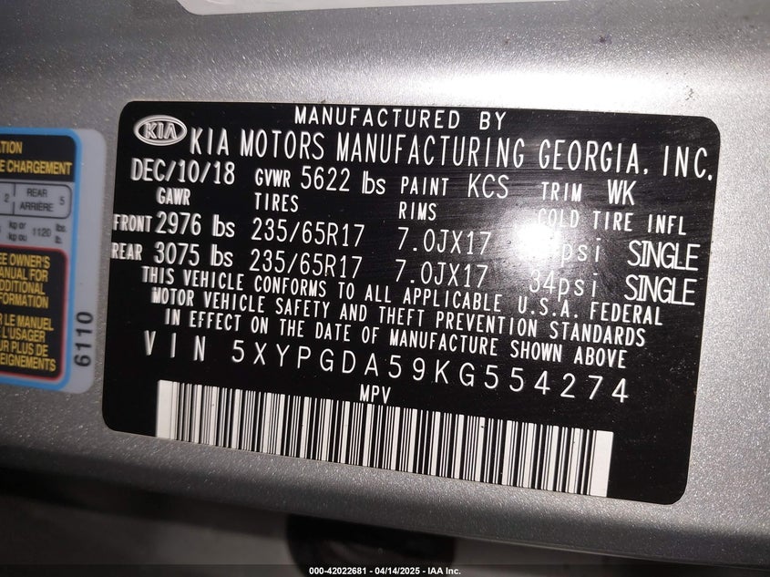 2019 KIA SORENTO VIN: 5XYPGDA59KG554274