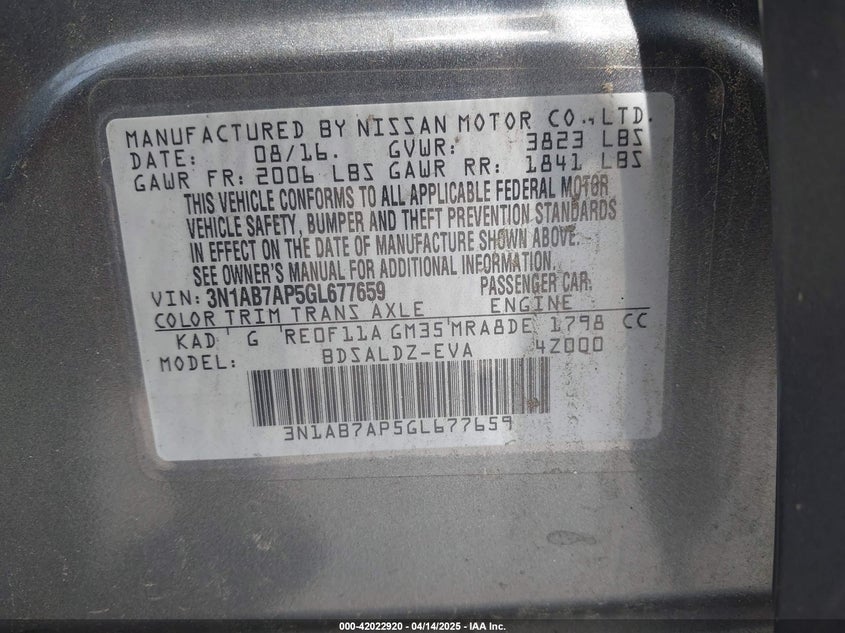 2016 Nissan Sentra Sv VIN: 3N1AB7AP5GL677659 Lot: 42022920