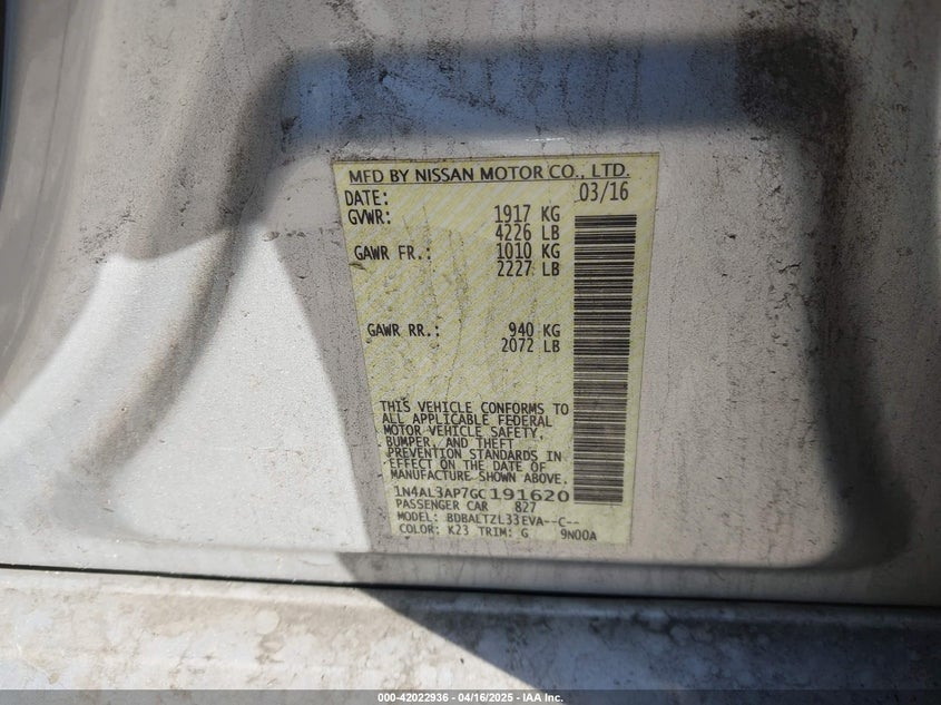 2016 NISSAN ALTIMA VIN: 1N4AL3AP7GC191620