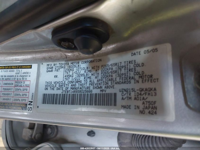 2005 Toyota 4Runner Sr5 Sport V8 VIN: JTEBT14R858025666 Lot: 42022937