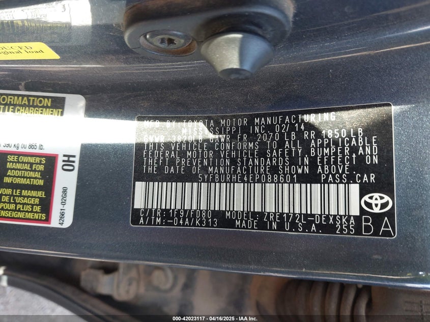 2014 TOYOTA COROLLA VIN: 5YFBURHE4EP088601