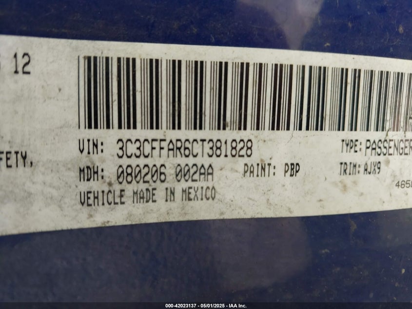 2012 FIAT 500 VIN: 3C3CFFAR6CT381828