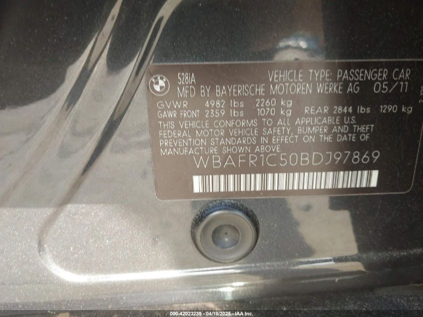 2011 BMW 528I VIN: WBAFR1C50BDJ97869 Lot: 42023239