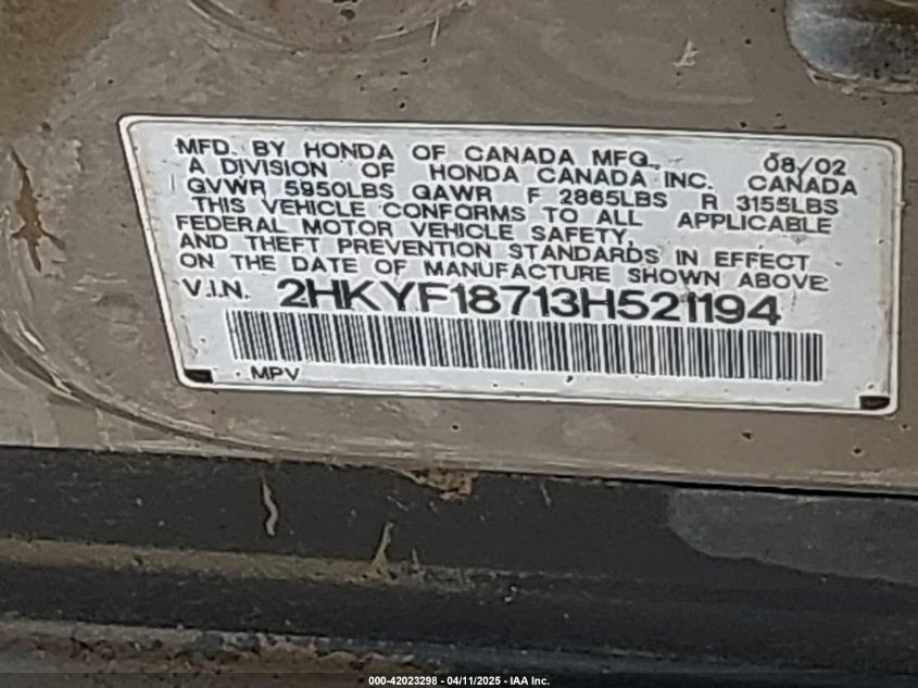 2003 Honda Pilot Ex-L VIN: 2HKYF18713H521194 Lot: 42023298