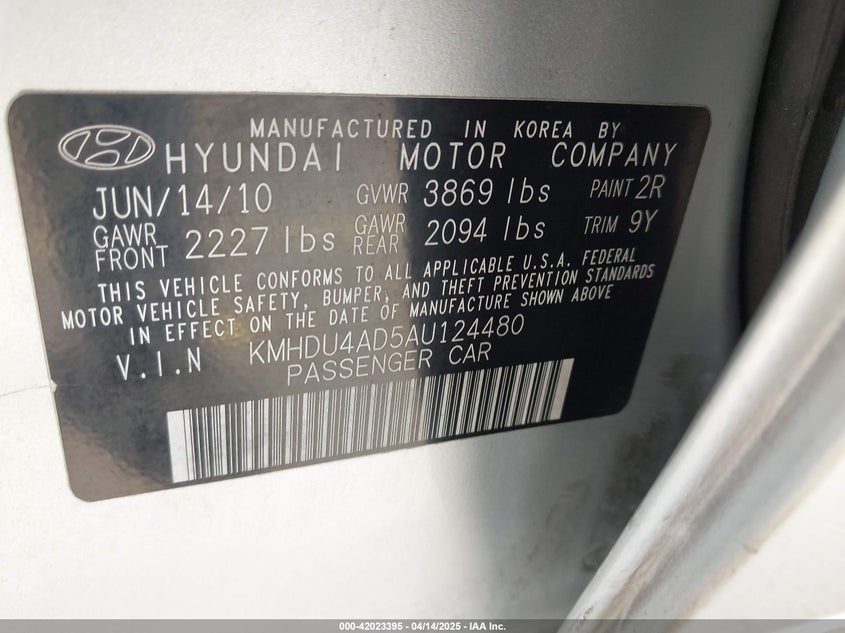2010 HYUNDAI ELANTRA VIN: KMHDU4AD5AU124480