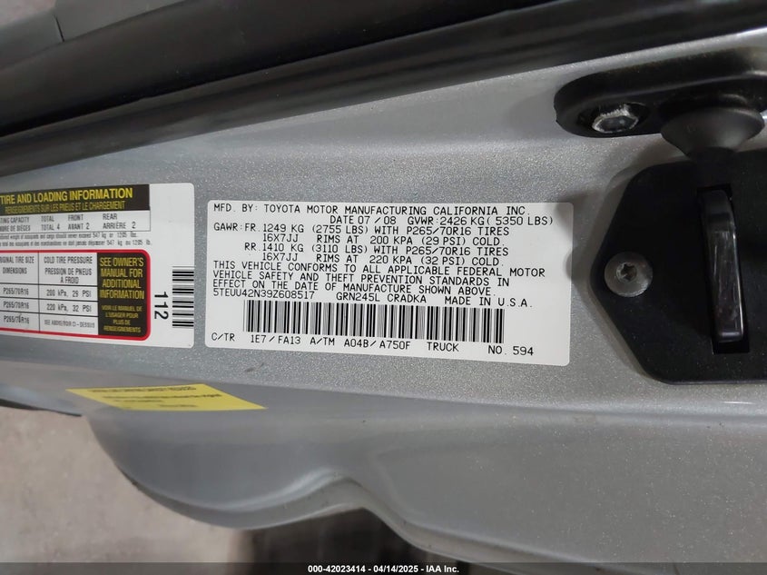 2009 TOYOTA TACOMA VIN: 5TEUU42N39Z608517
