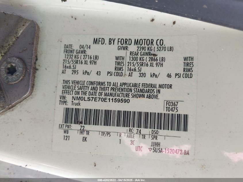 2014 Ford Transit Connect Xl VIN: NM0LS7E70E1159590 Lot: 42023522