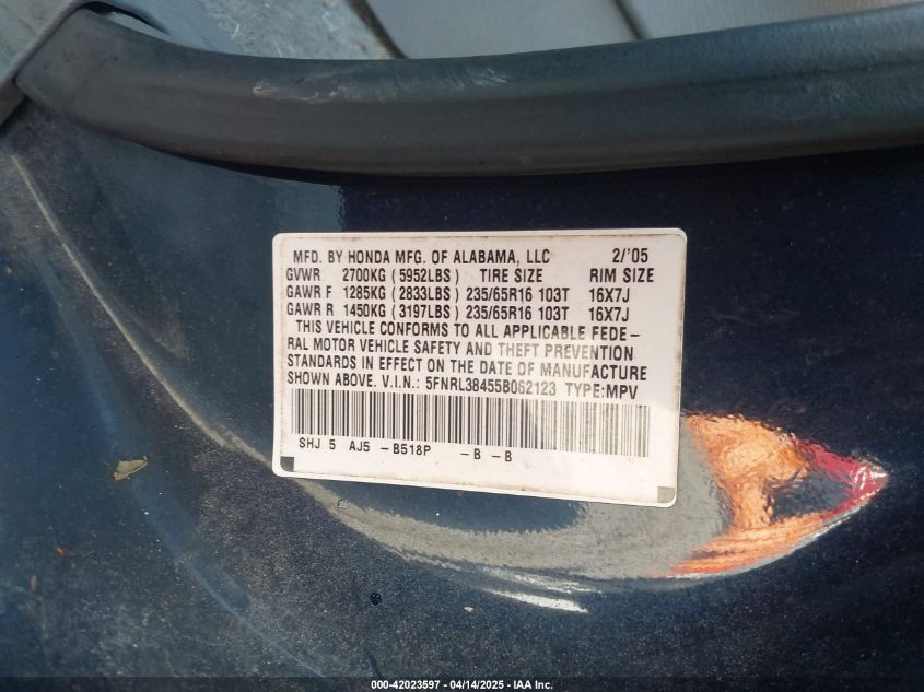 2005 Honda Odyssey Ex VIN: 5FNRL38455B062123 Lot: 42023597