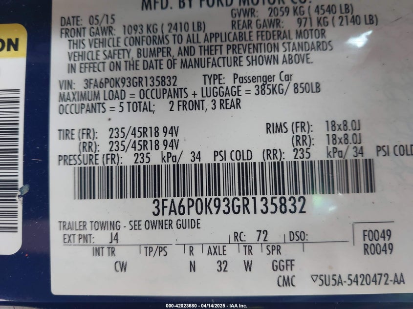 2016 FORD FUSION VIN: 3FA6P0K93GR135832