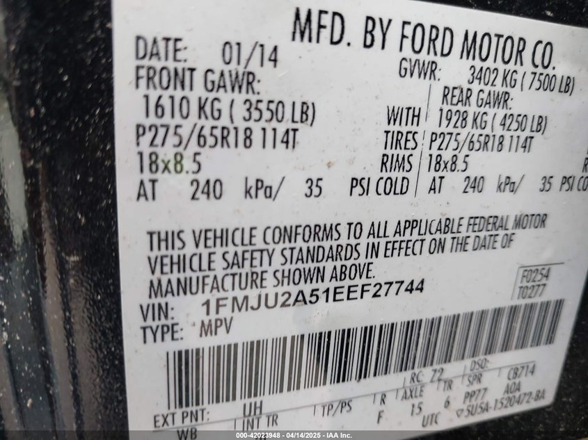 2014 FORD EXPEDITION VIN: 1FMJU2A51EEF27744