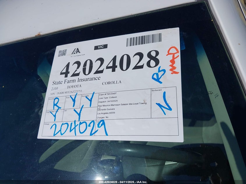 2010 TOYOTA COROLLA VIN: 1NXBU4EE2AZ223753