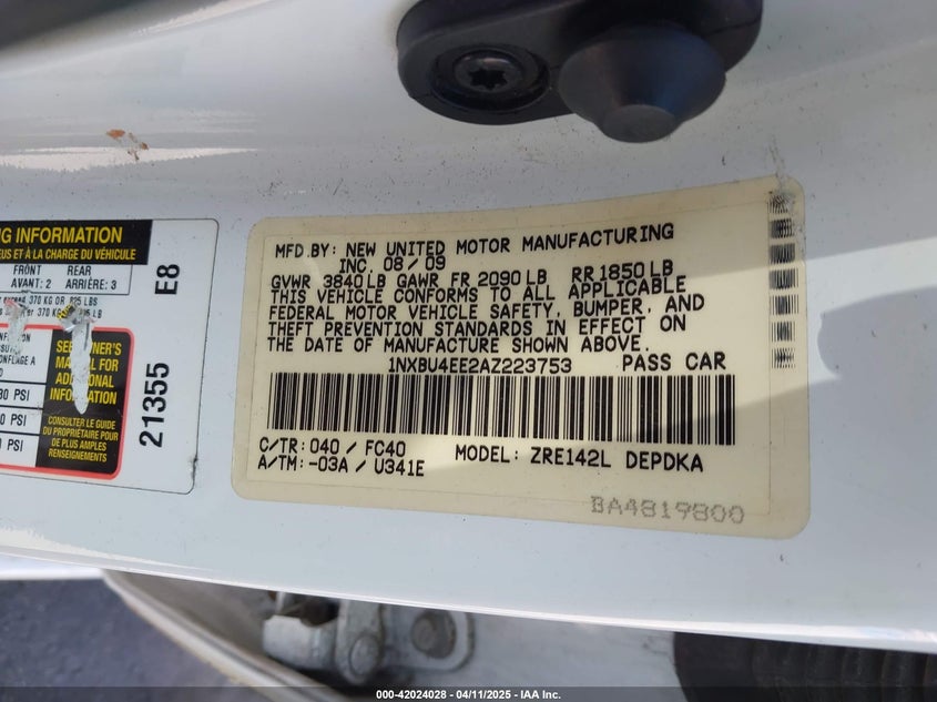2010 TOYOTA COROLLA VIN: 1NXBU4EE2AZ223753