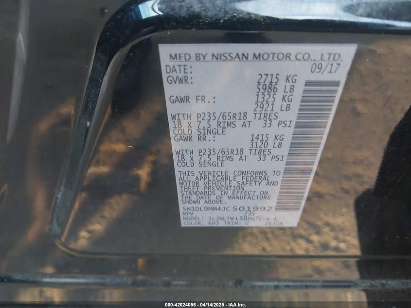 2018 Infiniti Qx60 VIN: 5N1DL0MM4JC501992 Lot: 42024056