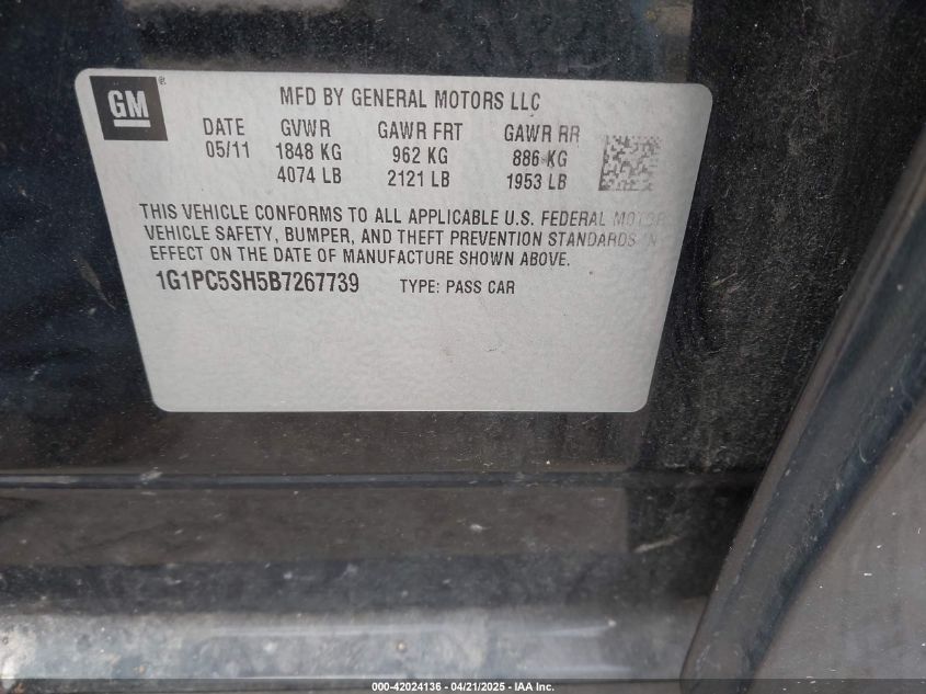 2011 Chevrolet Cruze Ls VIN: 1G1PC5SH5B7267739 Lot: 42024136