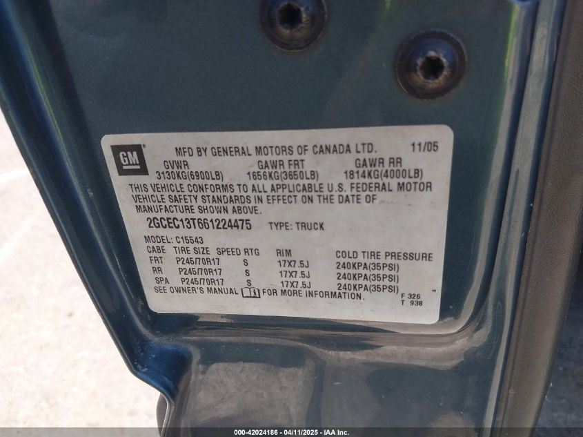 2006 Chevrolet Silverado 1500 Lt1 VIN: 2GCEC13T661224475 Lot: 42024186