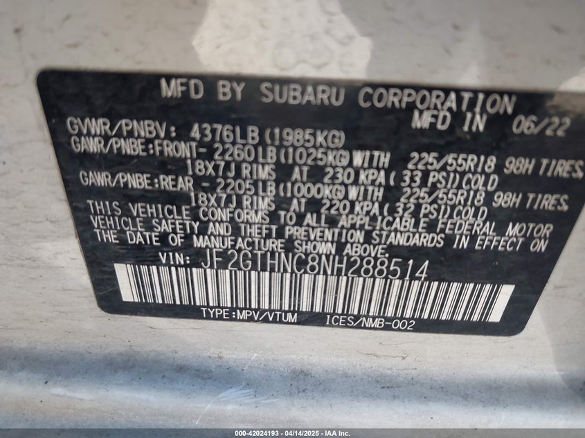 2022 SUBARU CROSSTREK 2.5L H-4 DI, DOHC, V(VIN: JF2GTHNC8NH288514