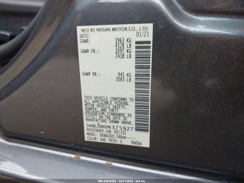 2023 NISSAN ALTIMA VIN: 1N4BL4DVXPN375927
