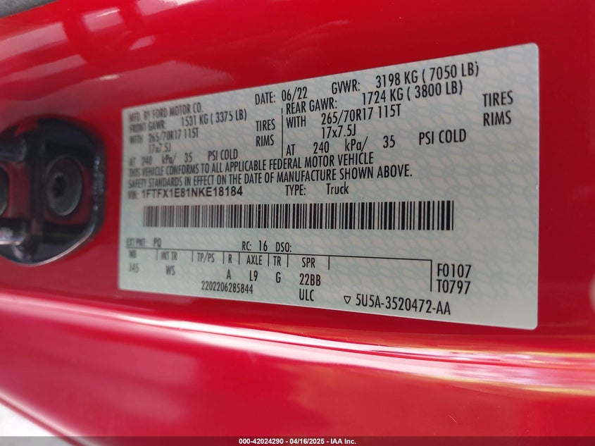2022 FORD F-150 VIN: 1FTFX1E81NKE18184