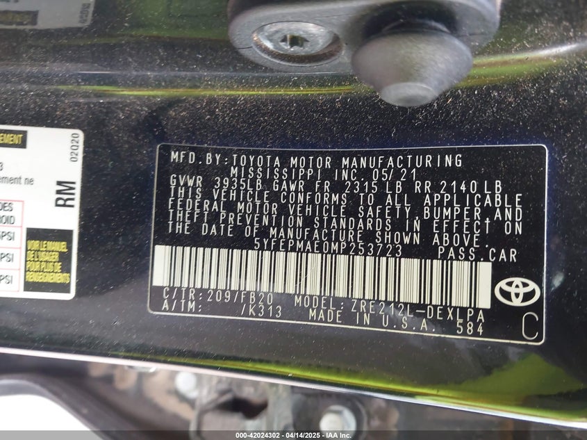 2021 TOYOTA COROLLA 1.8L I-4 DOHC, VVT, (VIN: 5YFEPMAE0MP253723
