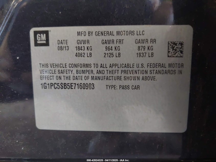 2014 CHEVROLET CRUZE VIN: 1G1PC5SB5E7160903