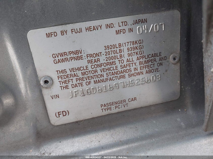 2007 Subaru Impreza 2.5I VIN: JF1GD61697H525603 Lot: 42024327