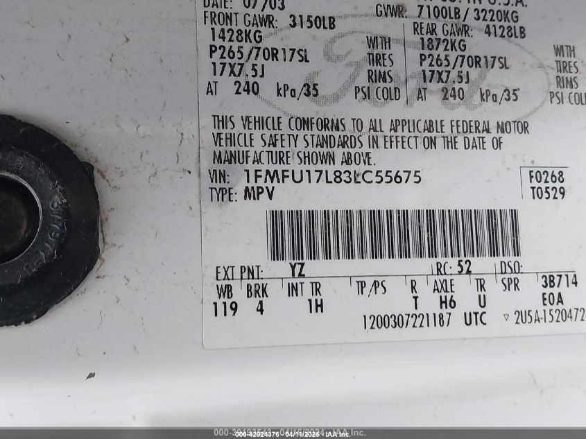 2003 Ford Expedition Eddie Bauer VIN: 1FMFU17L83LC55675 Lot: 42024376