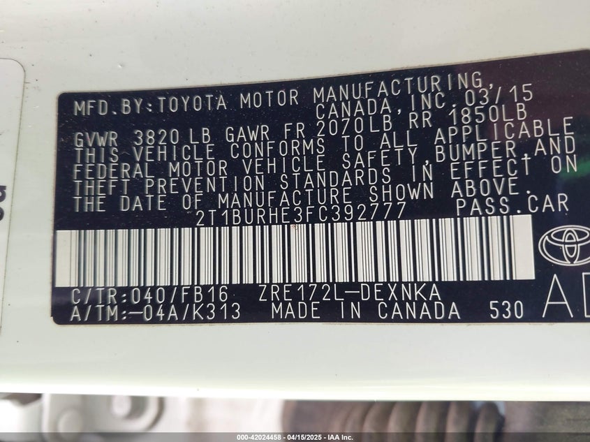 2015 TOYOTA COROLLA VIN: 2T1BURHE3FC392777