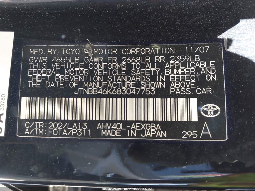 2008 TOYOTA CAMRY HYBRID VIN: JTNBB46K683047753