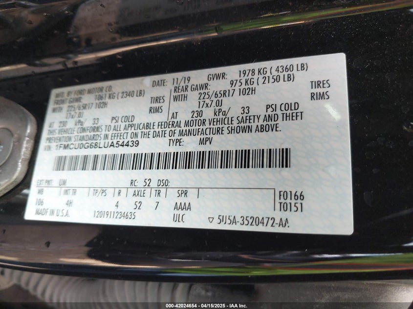 2020 FORD ESCAPE VIN: 1FMCU0G68LUA54439