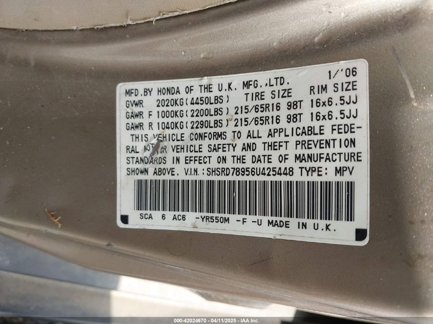 2006 Honda Cr-V Se VIN: SHSRD78956U425448 Lot: 42024670