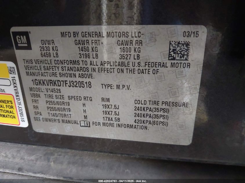 2015 GMC Acadia Slt-1 VIN: 1GKKVRKD7FJ230518 Lot: 42024783