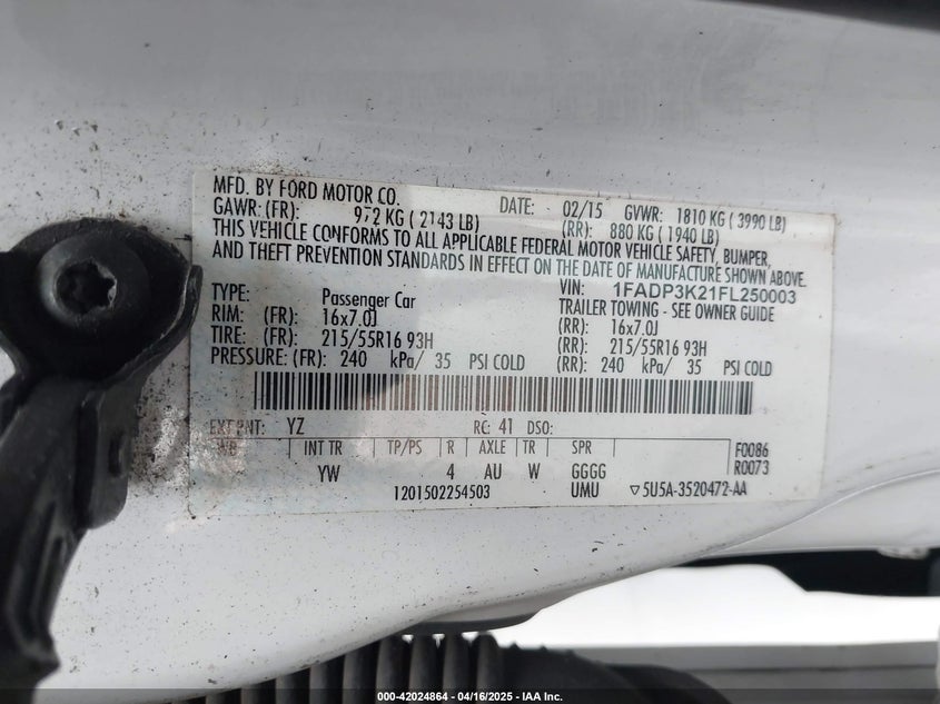 2015 FORD FOCUS SE - 1FADP3K21FL250003