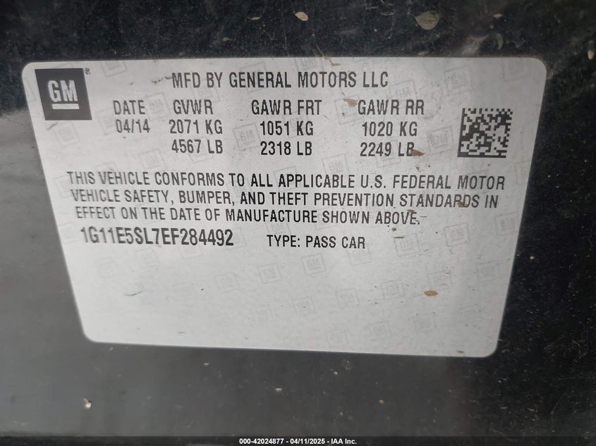 2014 CHEVROLET MALIBU VIN: 1G11E5SL7EF284492