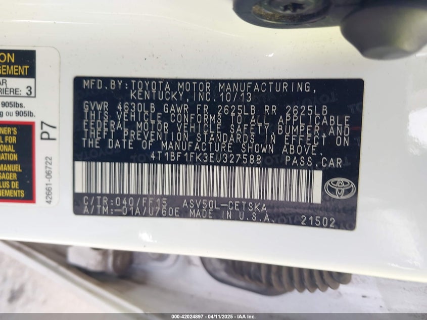2014 TOYOTA CAMRY VIN: 4T1BF1FK3EU327588