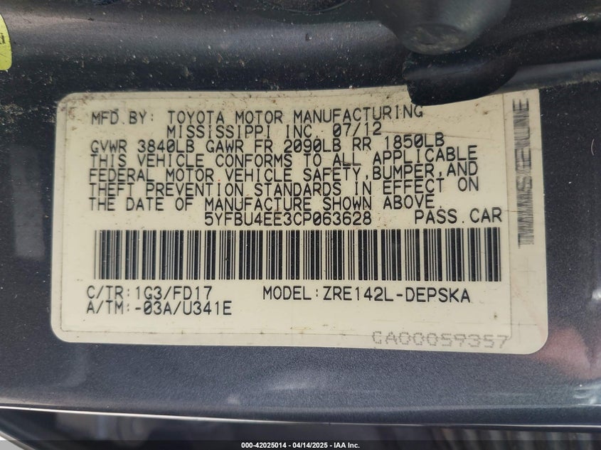 2012 TOYOTA COROLLA VIN: 5YFBU4EE3CP063628