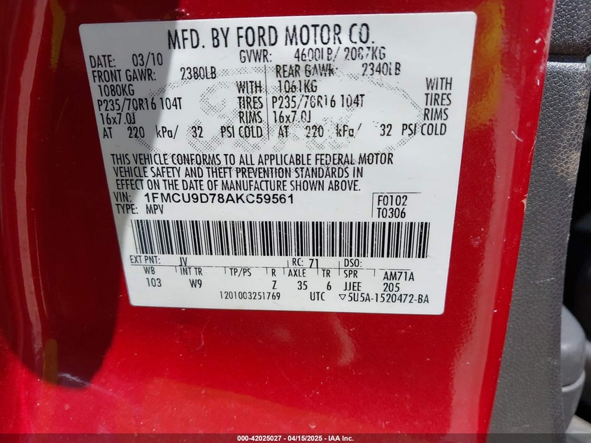 2010 FORD ESCAPE VIN: 1FMCU9D78AKC59561