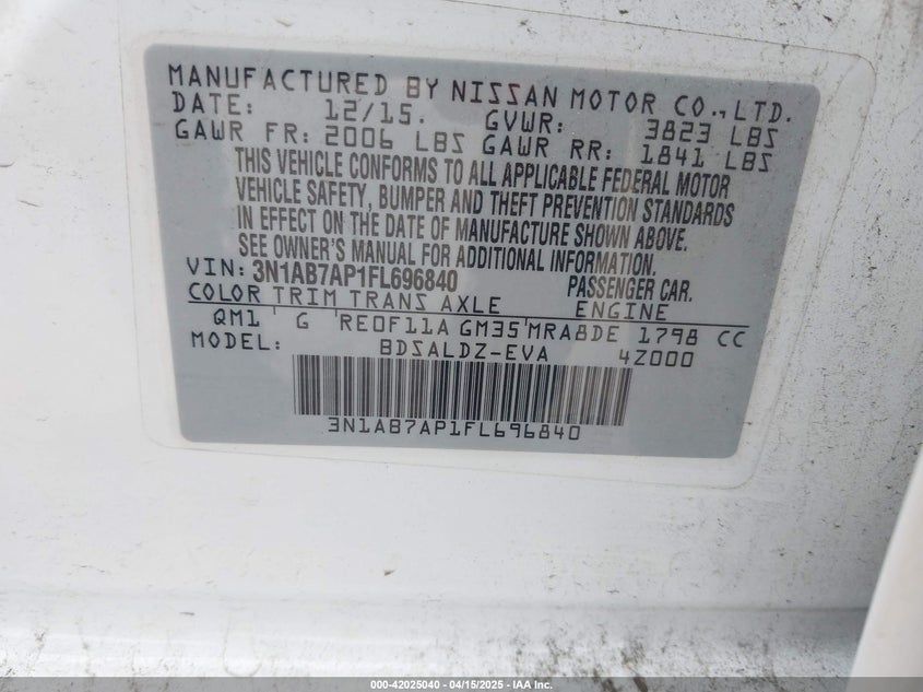 2015 NISSAN SENTRA VIN: 3N1AB7AP1FL696840