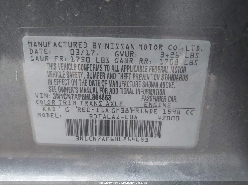 2017 NISSAN VERSA VIN: 3N1CN7AP6HL864653