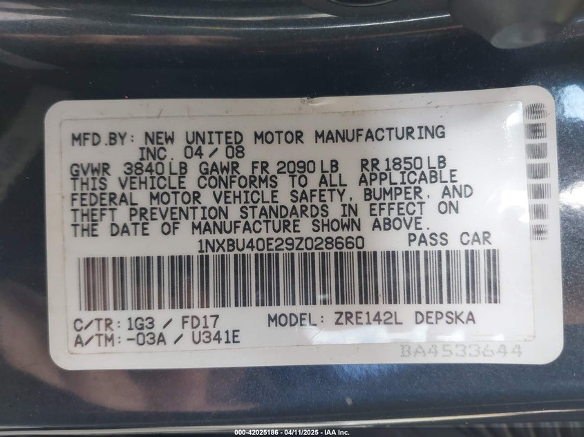 2009 TOYOTA COROLLA VIN: 1NXBU40E29Z028660