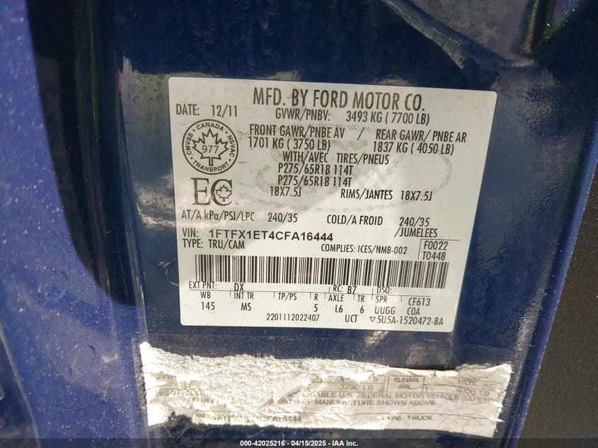 2012 FORD F150 VIN: 1FTFX1ET4CFA16444