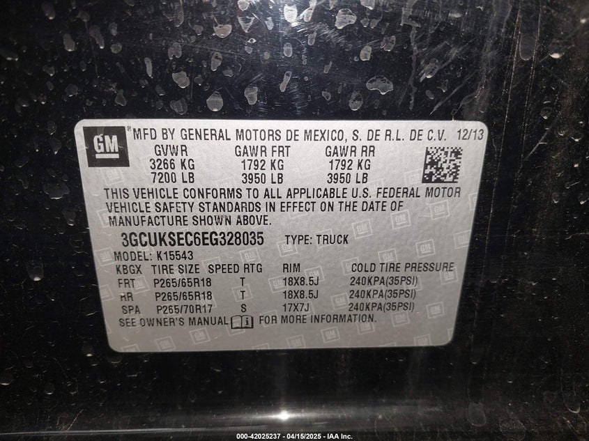 2014 CHEVROLET SILVERADO 1500 VIN: 3GCUKSEC6EG328035